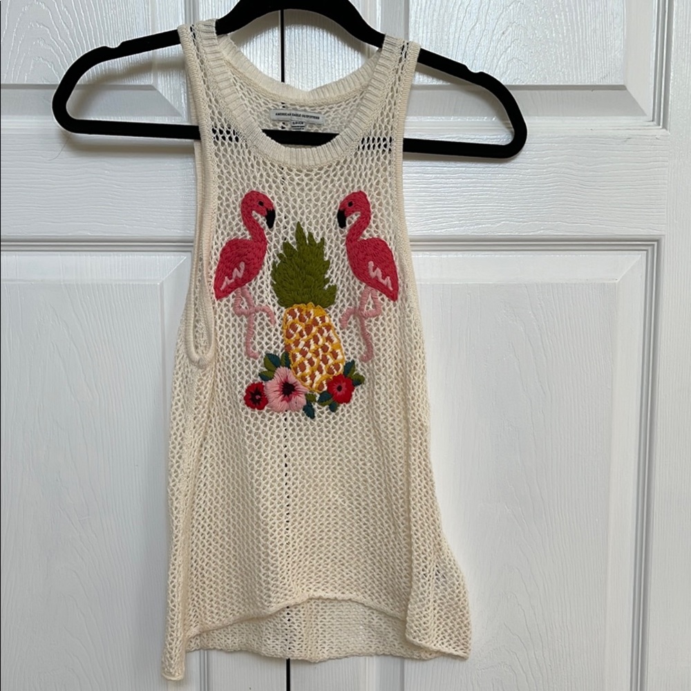 Cream Knit Tank Top with Flamingo and Pineapple Design